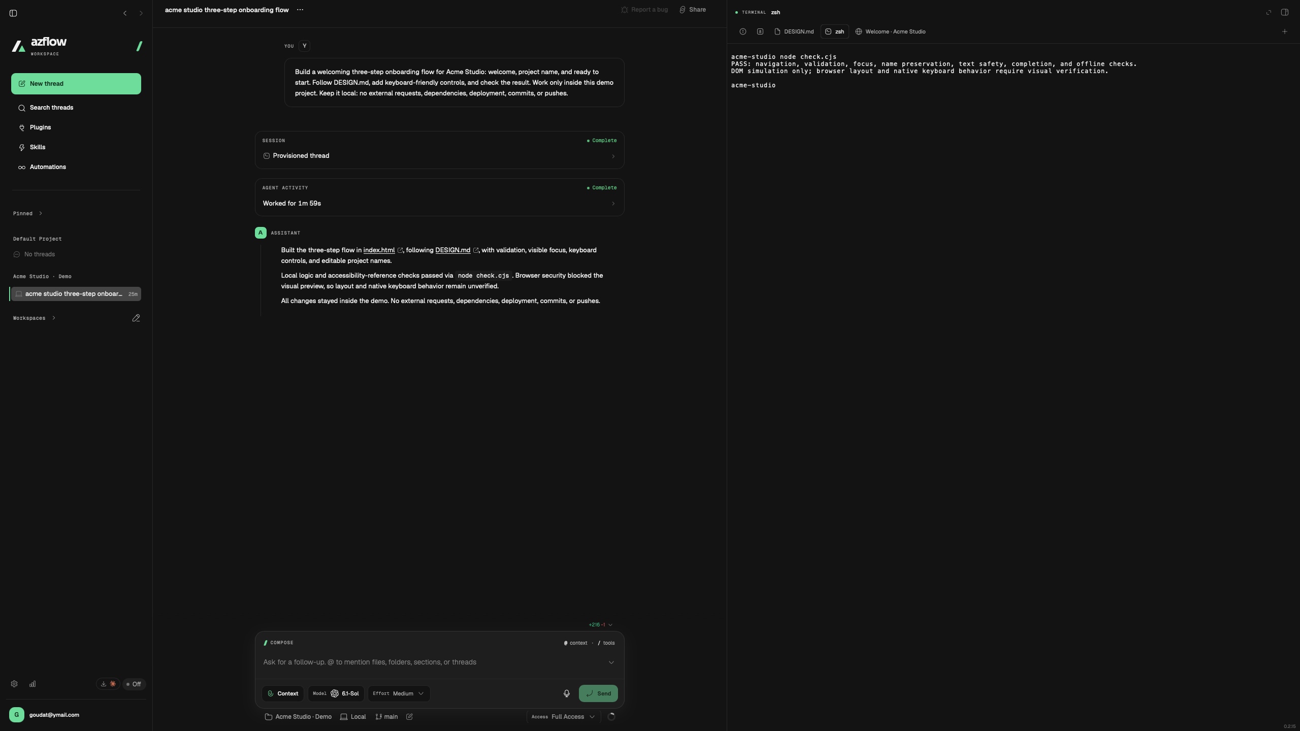 Azflow terminal with actual local check output and its DOM-simulation limitation.